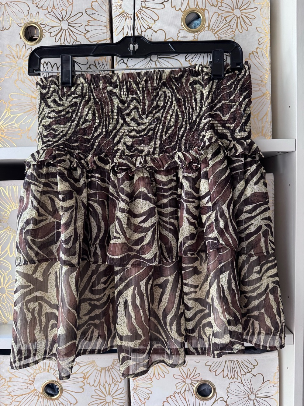 Walter Baker Brown and Cream Zebra-Print Tiered Smocked Skirt